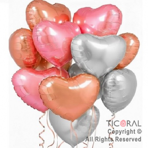 SET DE GLOBOS METALIZADOS CORAZON COMBINADOS ROSA ROSA GOLD PLATA x 10 UNIDADES